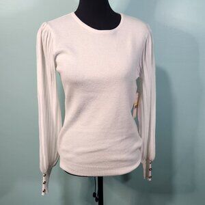 Nanette Lepore White Puff Sleeve Ribbed Blouse Medium NWT